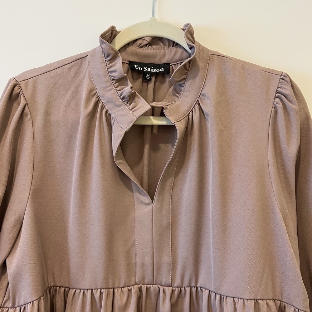 En Saison Tiered Babydoll Dress Peasant Band Collar Long Sleeve Mushroom M - Picture 8 of 16